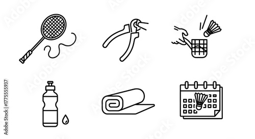 Icon set for badminton training and practice including shuttlecock, racket, water bottle, towel, and calendar for scheduling matches and progress tracking.