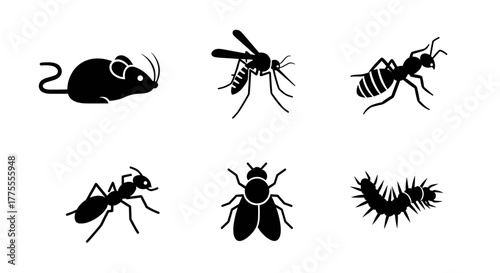 Essential pest control icons depict a mouse, mosquito, ants, fly, and caterpillar for hygiene and prevention concepts