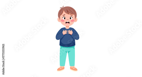 Young boy clutches chest in distress, conveying worry, fear, or a sudden emotional shock with wide eyes and open mouth