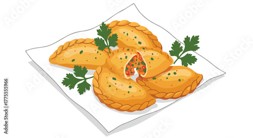 Delicious traditional golden brown empanadas vector illustration, decorated with fresh green herbs and served next to a clean linen napkin, isolated on a solid white background.