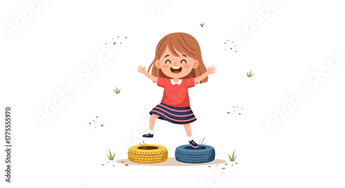 Joyful child leaping with excitement, playing outdoors on colorful tires, embracing active childhood fun and freedom