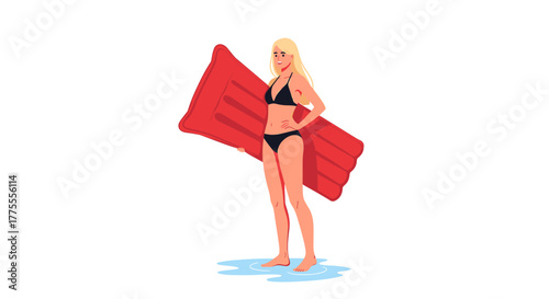 Radiant blonde woman in black bikini confidently holds a vibrant red inflatable mattress, ready for a refreshing summer swim.