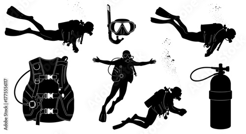 Dynamic scuba divers exploring underwater with gear and bubbles, capturing the thrill of ocean adventure and aquatic exploration