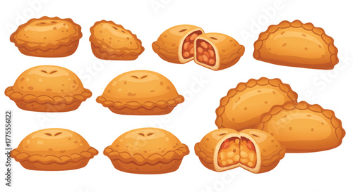 Delicious golden crust fried hand pies, often called turnovers, rendered as a minimal 2D flat vector illustration isolated on a pure white background.
