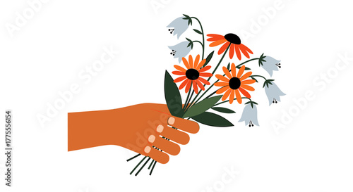 Thoughtful hand offering vibrant bouquet of orange daisies and delicate blue bells, a gesture of kindness and appreciation