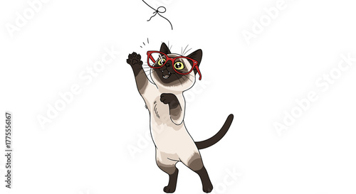 Playful Siamese kitten wearing red glasses joyfully batting at dangling string, capturing pure feline delight and energetic fun