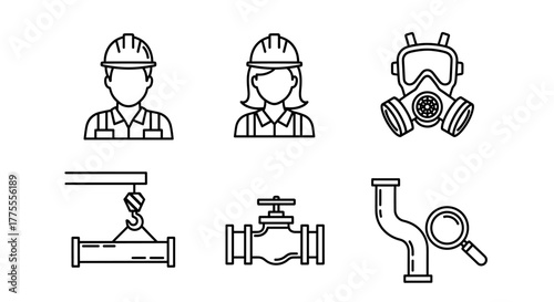 Professional industrial icons depicting workers, safety gear, construction equipment, and inspection tools for engineering and manufacturing projects.