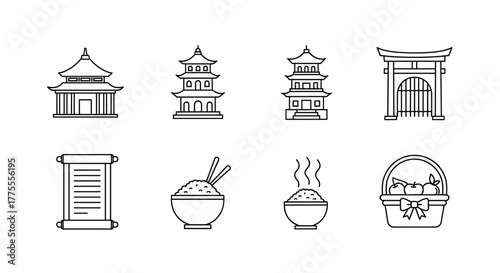 Discover Asia's rich culture with traditional temples, torii gates, rice bowls, and fruit baskets, perfect for travel and culinary themes.