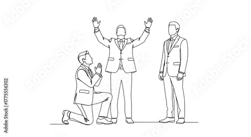 Dynamic business team celebrating victory with one leader raising arms triumphantly while another kneels in admiration
