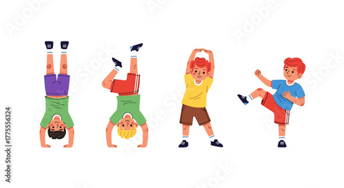 Energetic kids showcase fun fitness moves like handstands and kicks, perfect for active lifestyle and childhood development themes.