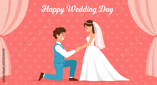 Joyful groom proposes to happy bride on their special wedding day celebration, surrounded by delicate hearts and elegant drapes