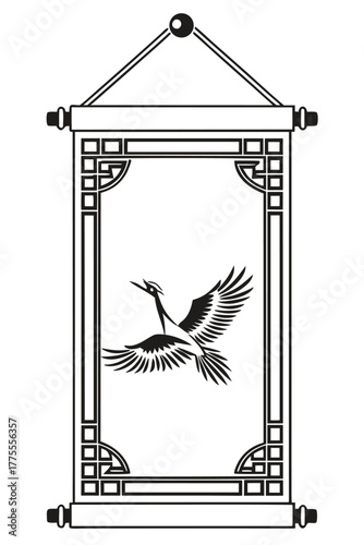 A minimalist black-and-white illustration of an elegant hanging scroll frame. The design features a vertical rectangular space bordered by traditional geometric corner patterns.
