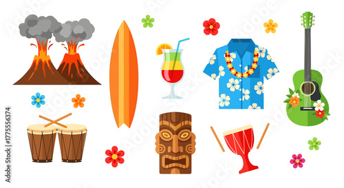 Vibrant Hawaiian vacation icons capture tropical island fun with volcanoes, surfboards, music, and festive drinks for ultimate summer getaway vibes.