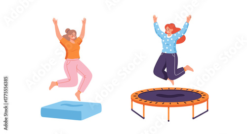 Joyful women leaping high with arms outstretched, celebrating freedom and active fun on trampolines and soft surfaces