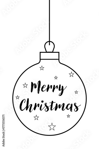 Outline illustration, Christmas ornament with “Merry Christmas” typography and stars. Holiday decoration bauble for winter celebrations, cards, gift tags, invites, festive graphic design. High-res PNG