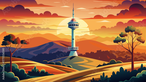 Very beautiful Telstra Tower in the distance under an orange sunset sky in Canberra, Australia, surrounded by rolling hills and warm evening light over the tranquil landscape.
