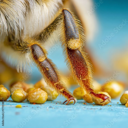 Macro View: Bee Legs Covered in Pollen on Blue Surface