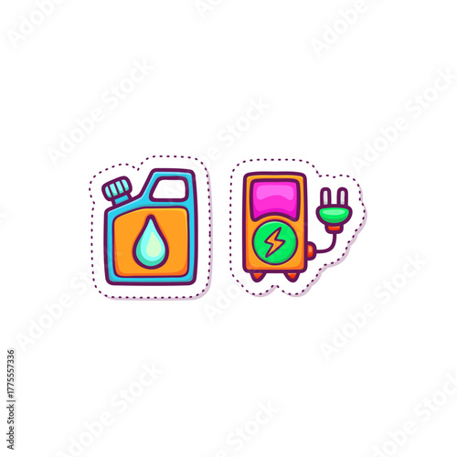 Simple cartoon icons of a gas can and an electric meter symbolizing energy and power
