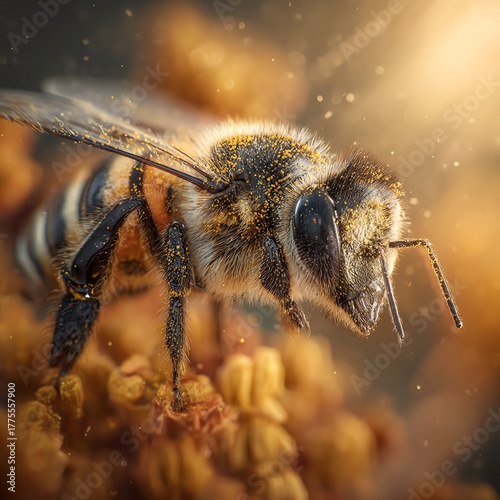 Macro Close-up: Bee Laden with Pollen in Golden Sunlight