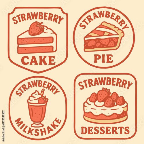 A vintage-style badge set featuring strawberry cake, pie, and dessert label