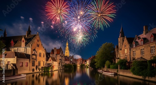 Spectacular Fireworks Display Over Historic Bruges Canals at Night.