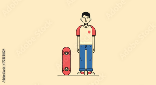 Illustration of a young man standing with his skateboard, representing youth culture and urban lifestyle