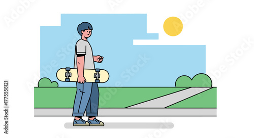 Young Person with Skateboard Outdoors Illustration of a Youthful Skateboarder on a Sunny Day