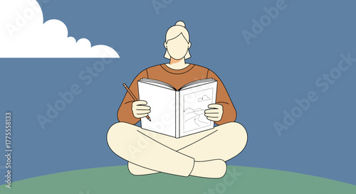 Mindful creative expression in nature, an individual calmly sketching or journaling in a book outdoors, embracing artistic passion on a serene hill under a clear sky