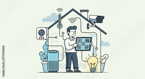 Smart Home Technology Illustration Controlling Devices with a Tablet for Modern Living