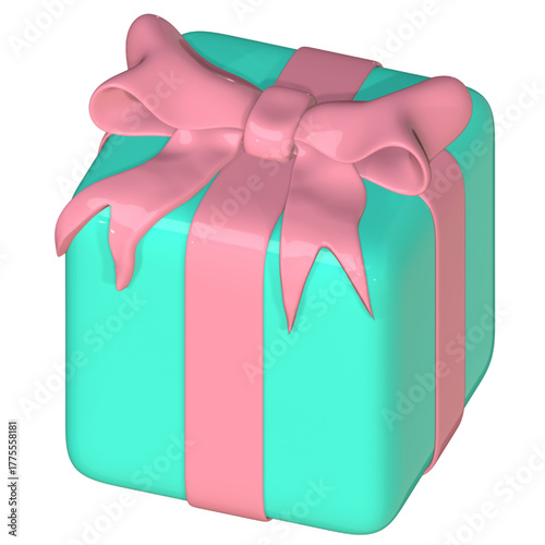 A glossy, 3D rendered gift box with rounded corners, featuring a mint green cyan body and a large pink ribbon tied in a bow.