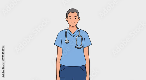 A friendly full-body illustration of a dedicated healthcare professional, wearing blue scrubs and a stethoscope, standing confidently and ready to provide compassionate medical care