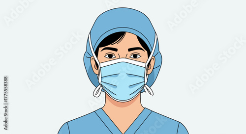 Vector illustration of a female surgeon or nurse wearing a protective medical face mask and a surgical cap