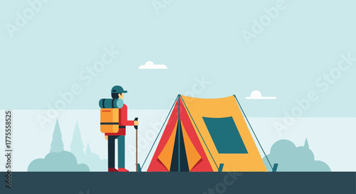 Flat design illustration of a person camping in nature. Backpacker with gear standing by a tent for an outdoor adventure