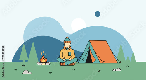 Serene Camping Scene Man Meditating by Tent and Campfire in Nature