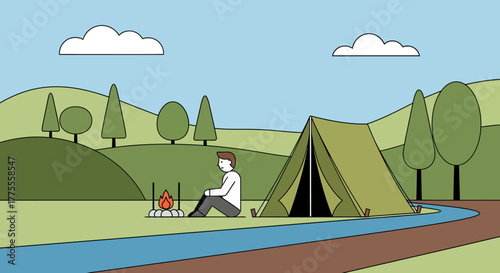 A peaceful evening spent camping in the wilderness, with a lone adventurer enjoying the warmth of a crackling campfire under the open sky amidst lush green landscapes