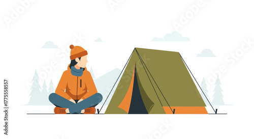 Person in winter clothes sits peacefully next to a camping tent in a serene mountain landscape. Flat vector illustration of outdoor adventure and hiking