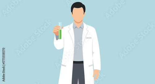 Dedicated scientist in a white lab coat precisely examines a test tube containing a vibrant green solution, symbolizing important scientific research, chemical experimentation, and medical innovation