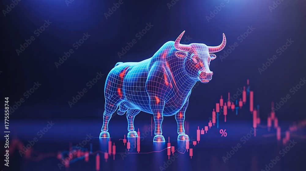 Fototapeta premium Futuristic digital bull representing stock market growth and financial trading success 