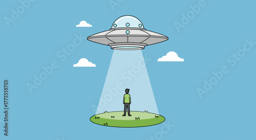 Alien abduction An illustration of a person being beamed up by a UFO against a blue sky