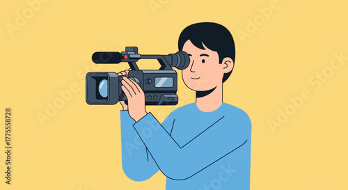 Man with a professional video camera filming a scene, creating content for a film or broadcast