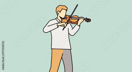 Illustration of a male violinist passionately playing a classical music piece. Concept of a solo performance, artistic hobby, and musical talent