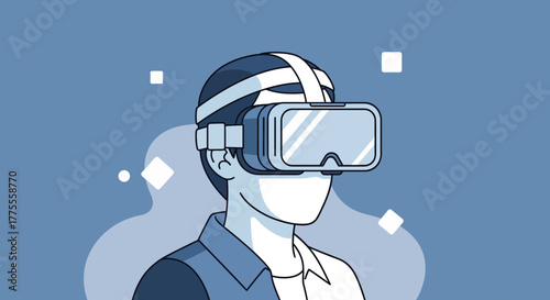 A person wearing a virtual reality headset and glasses, exploring a futuristic digital metaverse simulation. Vector illustration of emerging technology