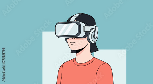 Illustration of a person wearing a virtual reality headset and headphones, immersed in digital worlds
