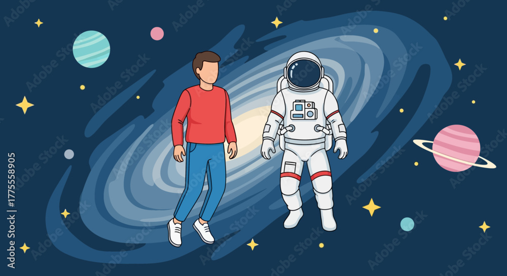 Naklejka premium Astronaut and Person Floating in Galaxy Space Amidst Planets and Stars