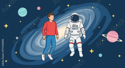 Astronaut and Person Floating in Galaxy Space Amidst Planets and Stars
