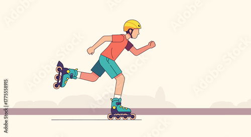 Inline Skating Cartoon A Young Person Enthusiastically Rollerblading on a Sunny Day