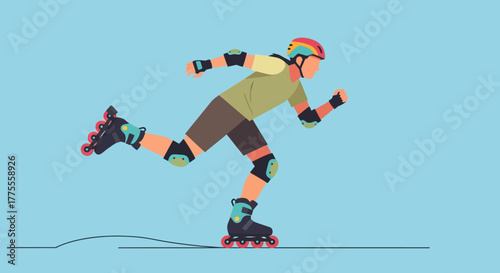 Dynamic vector illustration of a person enjoying inline skating with full protective gear, representing an active lifestyle and outdoor recreation concept
