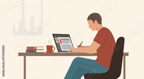 Man Working on Laptop at Desk Illustration of a Person Writing and Using Computer Technology