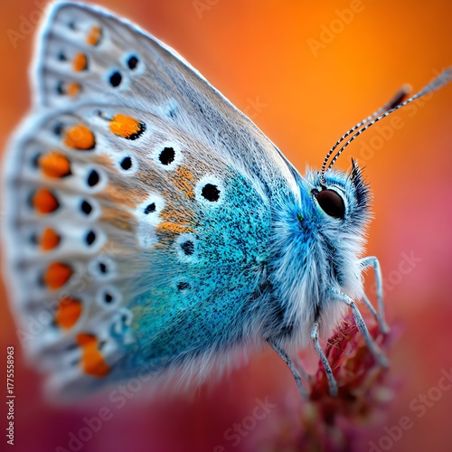 Macro Blue Butterfly Wing Detail on Blurred Orange Background