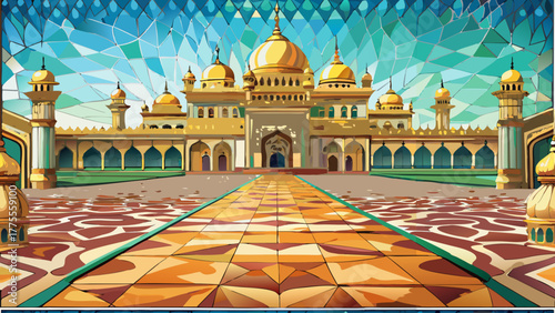 A Golden Palace with Dome Standing on Tiled Patterned Ground